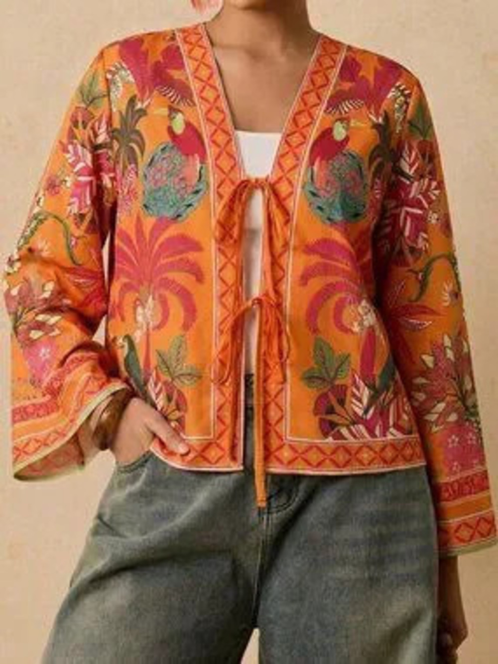 ZARA Orange Boho Women's Loose Knot V Neck Plant Print Regular Top